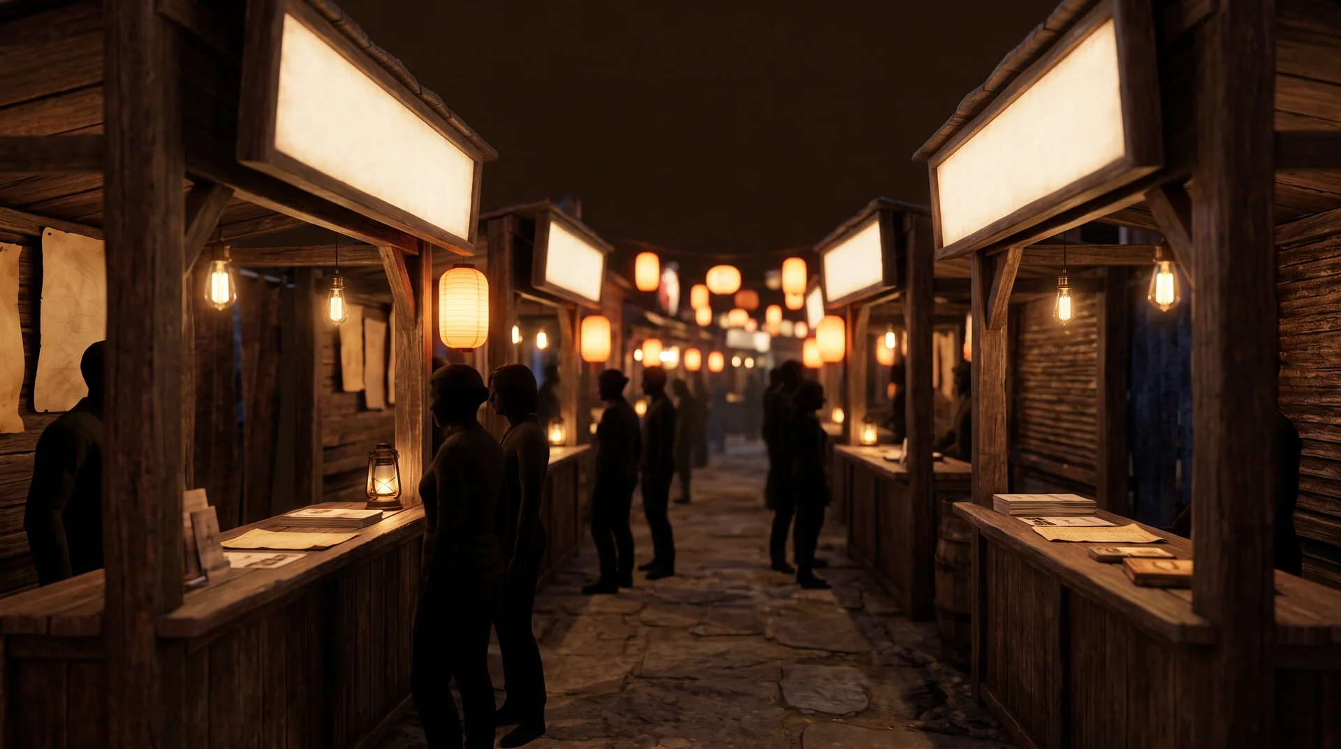 The night boardwalk lined with analyst booths and short queues