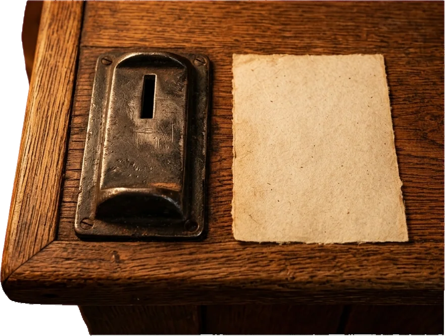 A hand about to drop a coin into the booth's payment slot beside a written question slip